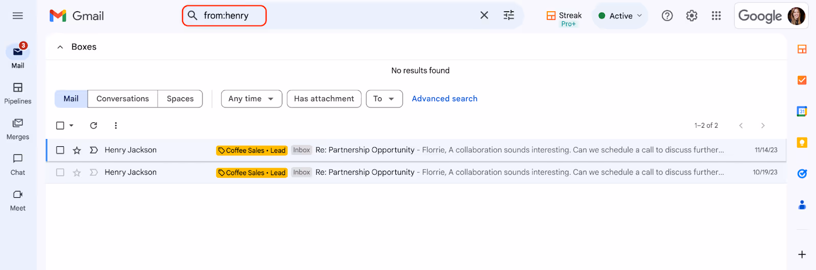 a screenshot of the Gmail inox showing how to search Gmail by sender 