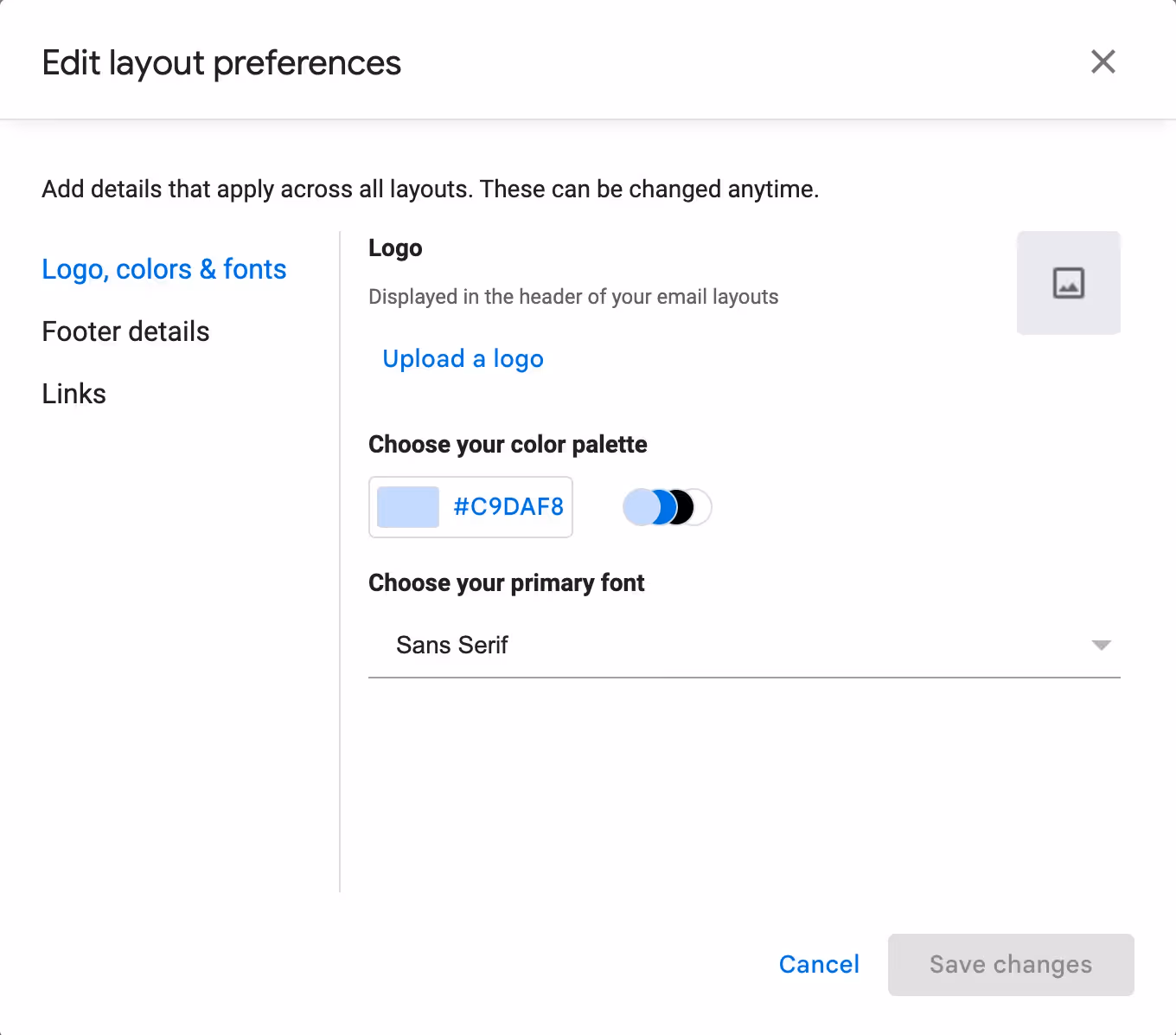 "Default Styling" window panel in the bottom left of the branded email template layout section