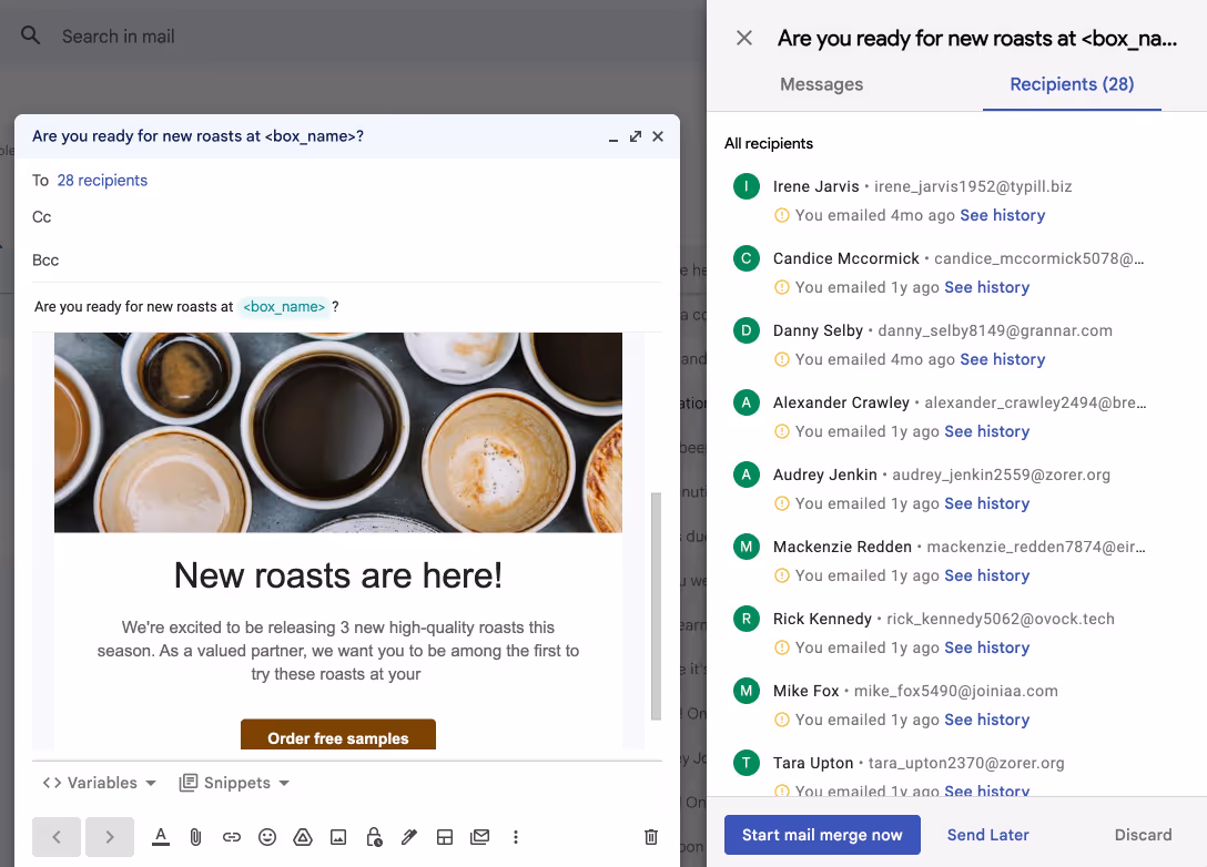 Gmail newsletter template being used in Streak's mail merge feature