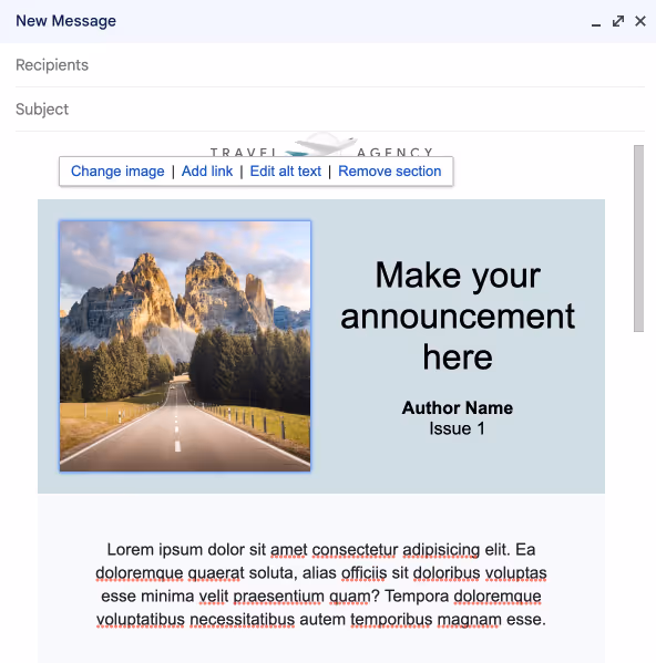 a selected layout of a branded email where you will see editing/customization options