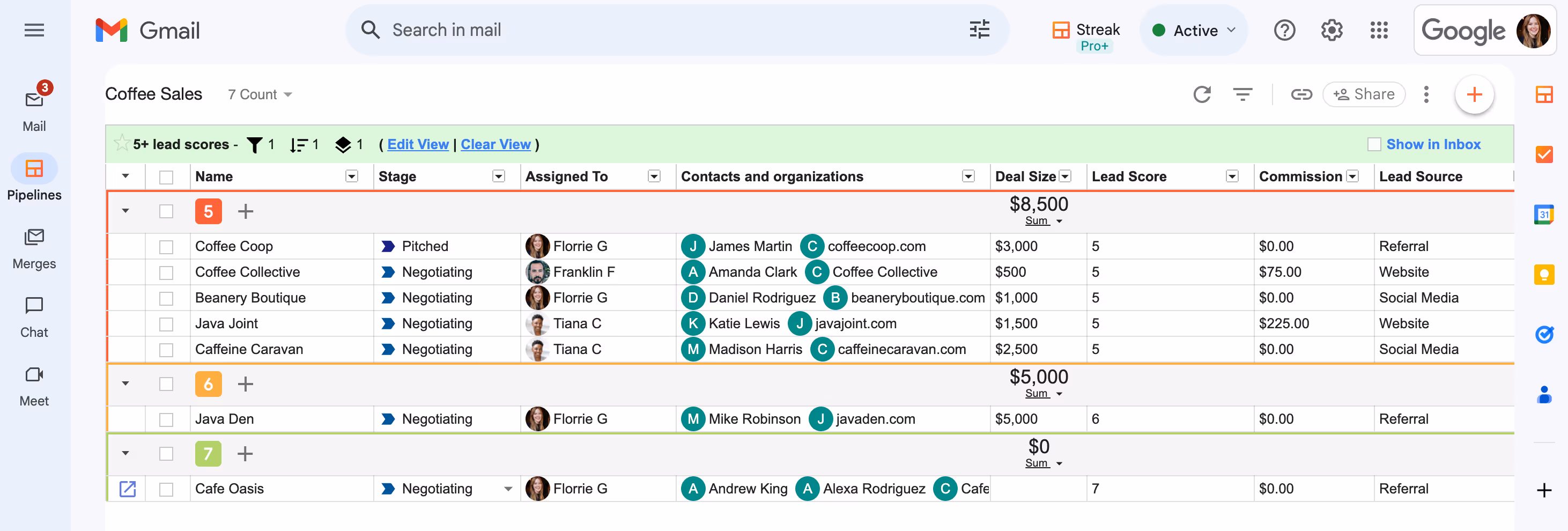 a screenshot of Streak pipeline integrated in Gmail