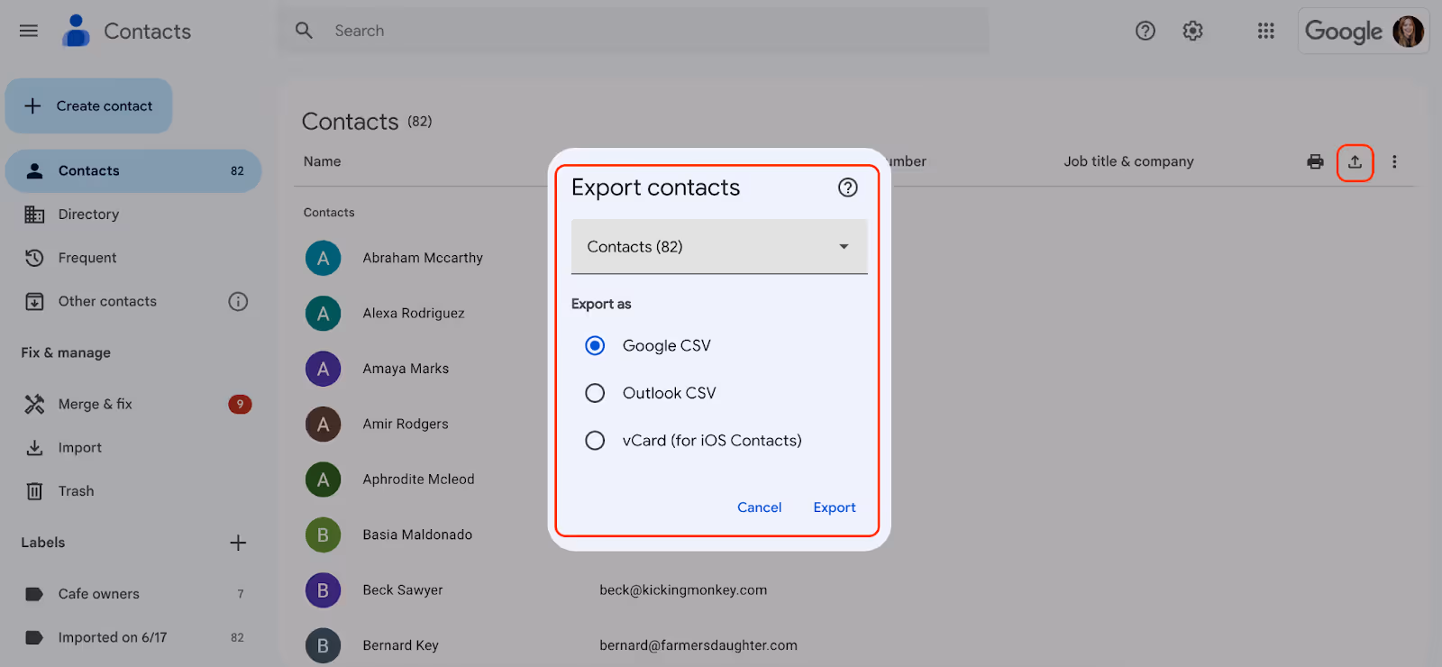 screenshot of Google Contacts page with opened Export contacts window after clicking the export contacts icon at the top right corner