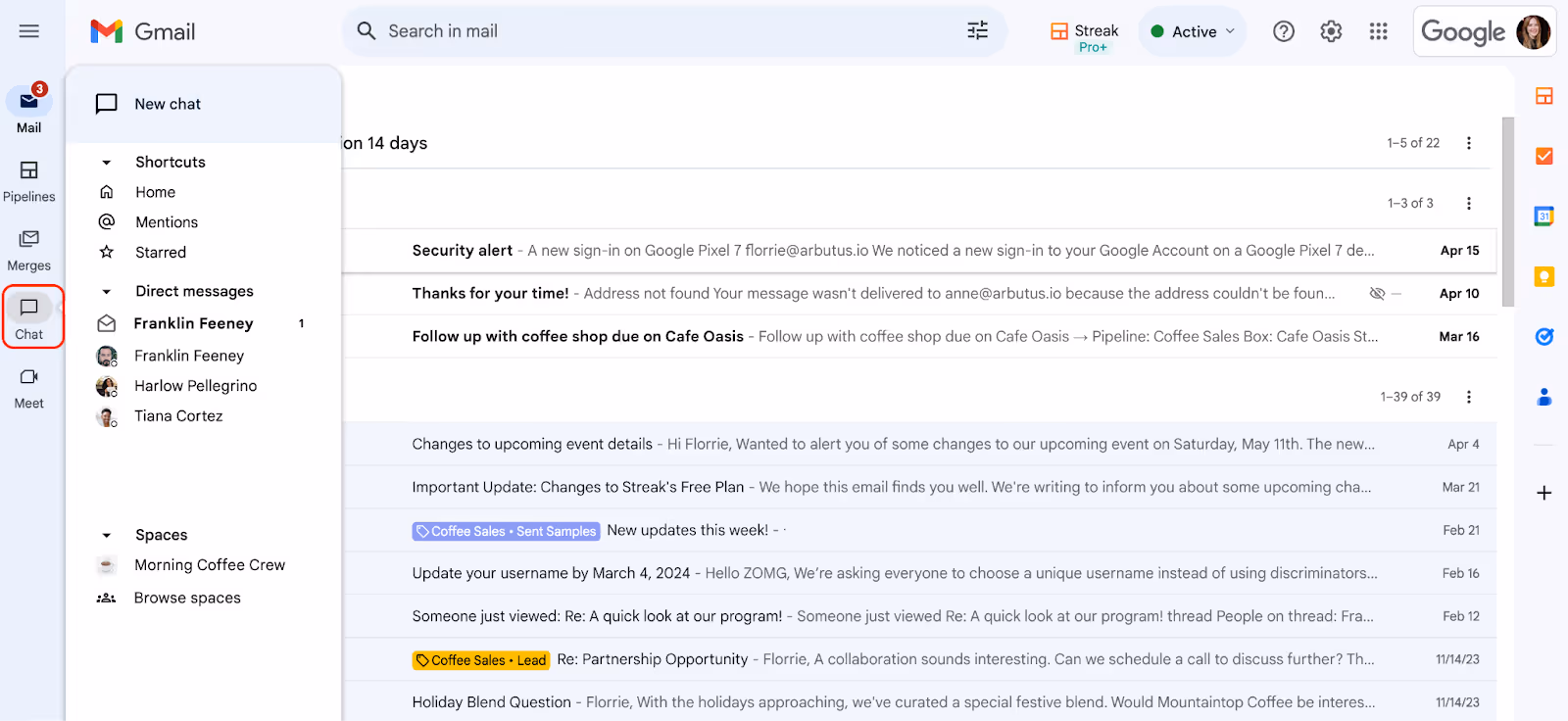 screenshot of Gmail inbox with the Chat icon encircled at the left sidebar