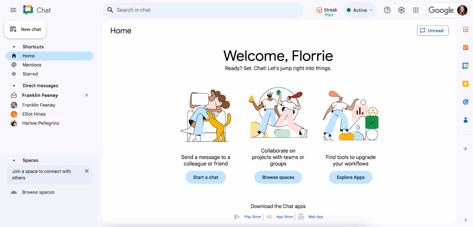screenshot fo Google Chat homepage