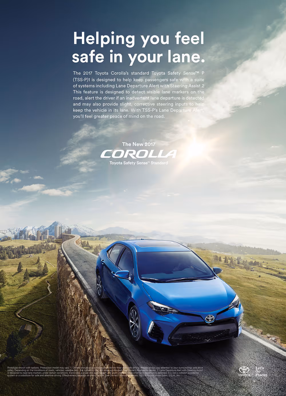 A blue 2017 toyota corolla is parked on a cliff overlooking a winding road and lush green landscape under a clear sky. text promotes toyota's safety sense feature, enhancing confidence and peace of mind while driving.