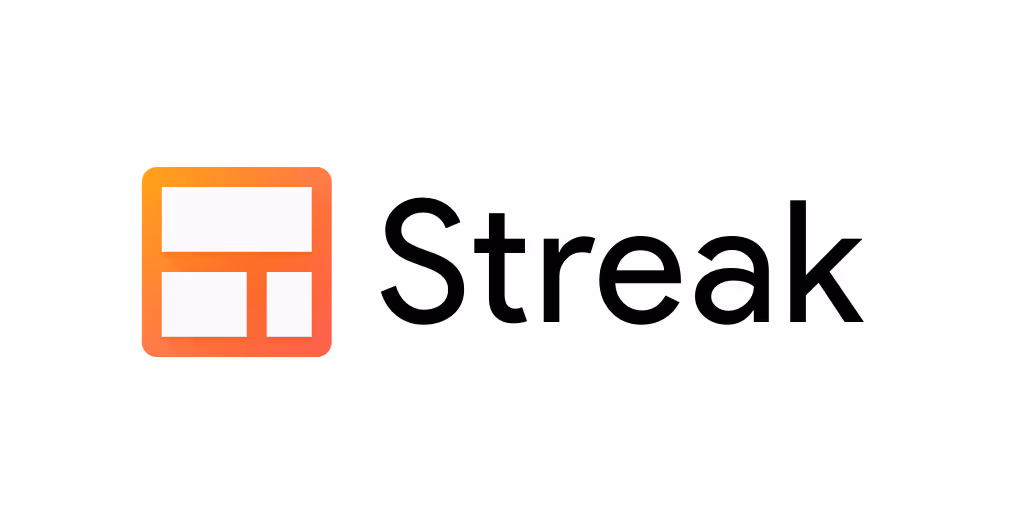Logo of Streak CRM for Gmail featuring a stylized orange square next to the word "Streak" in black, modern font.