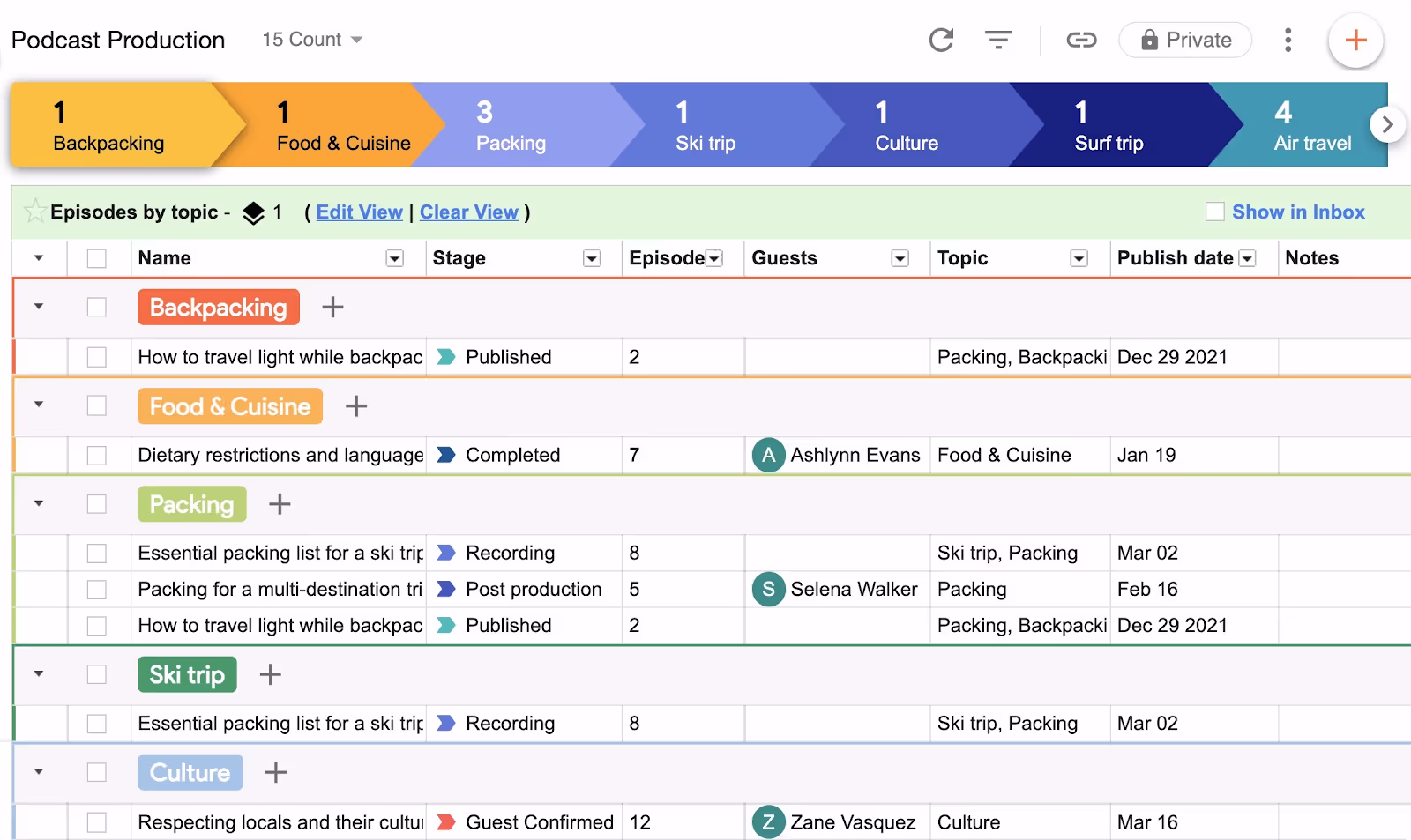 Podcast planning template grouped by episode topic in Streak