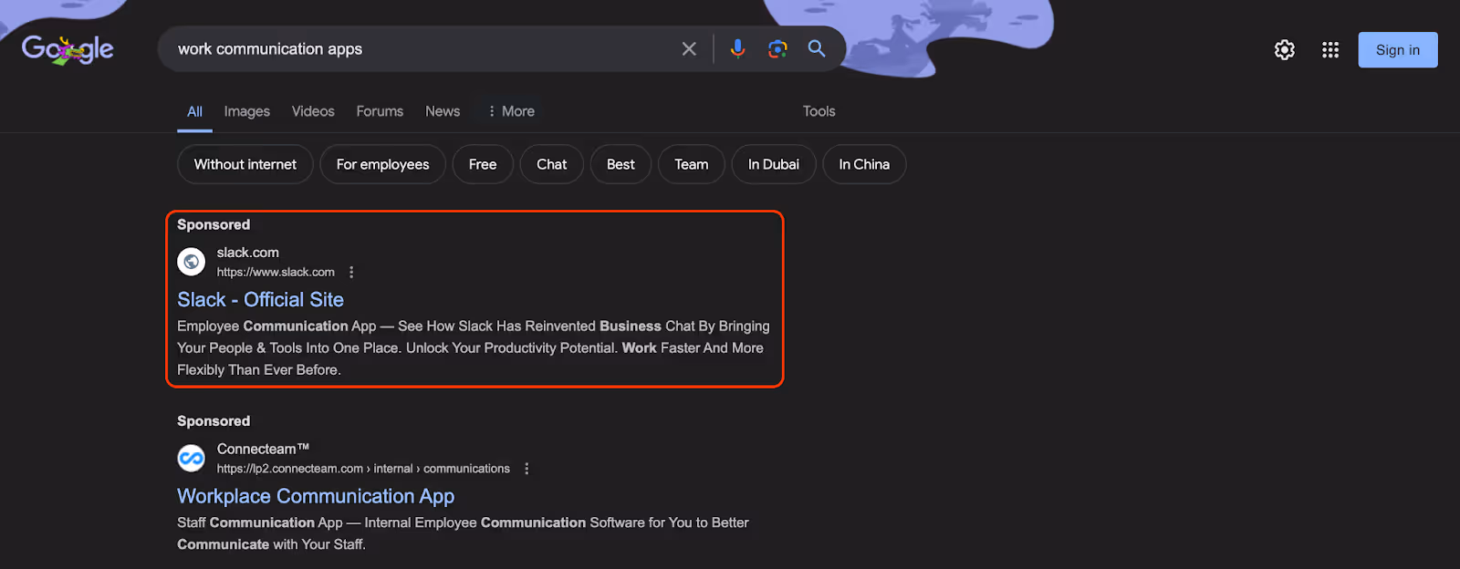 A Google search results page for "work communication apps" is shown. The first result, highlighted, is a sponsored link for Slack, describing it as an employee communication app. Below it is another sponsored link for Workplace Communication App by Connecteam.