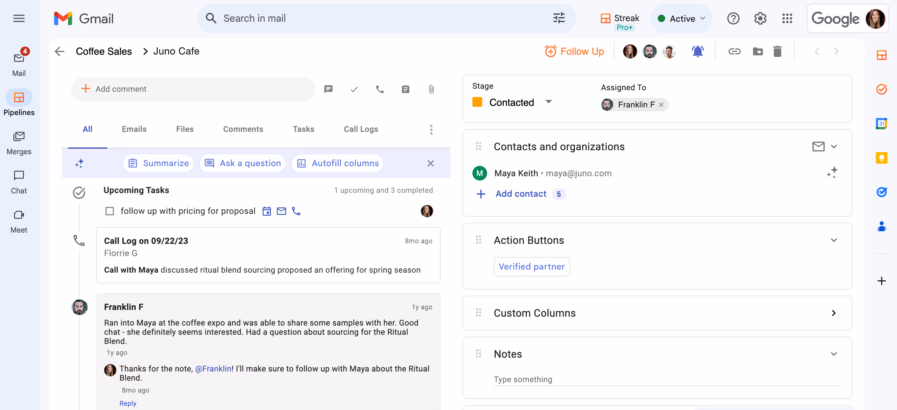  A Streak pipeline box in Gmail email is displayed with a detailed email message and call log. The email is part of a thread labeled "Coffee Sales" under "Juno Café." Tasks, contacts, and notes sections are visible on the right-hand side, and there are several action buttons at the top.