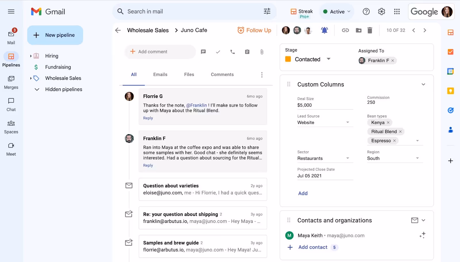 A Gmail inbox showing collaborative inbox with an email thread between multiple people. The interface displays folders on the left, email content in the middle, and a sidebar on the right with contact details, custom columns, and an email pipeline stage labeled "Contacted."