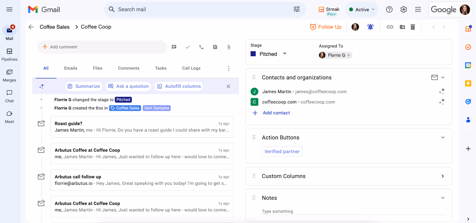  A screenshot of the Gmail interface using Streak showing a conversation thread with James Martin regarding "Coffee Sales" in the Freshly Sales CRM. The interface displays email options such as Summarize, Ask a Question, Autofill columns, and transitions flow stages.