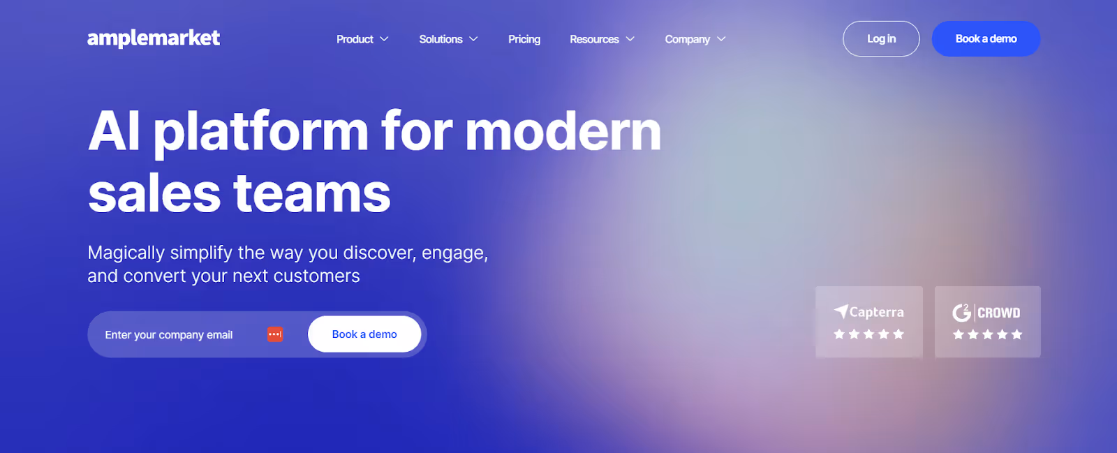The image is a screenshot of Amplemarket's website homepage. It has a blue gradient background with white text that reads, "AI platform for modern sales teams," and buttons for "Enter your company email" and "Book a demo." There are review ratings from Capterra and G2 Crowd.