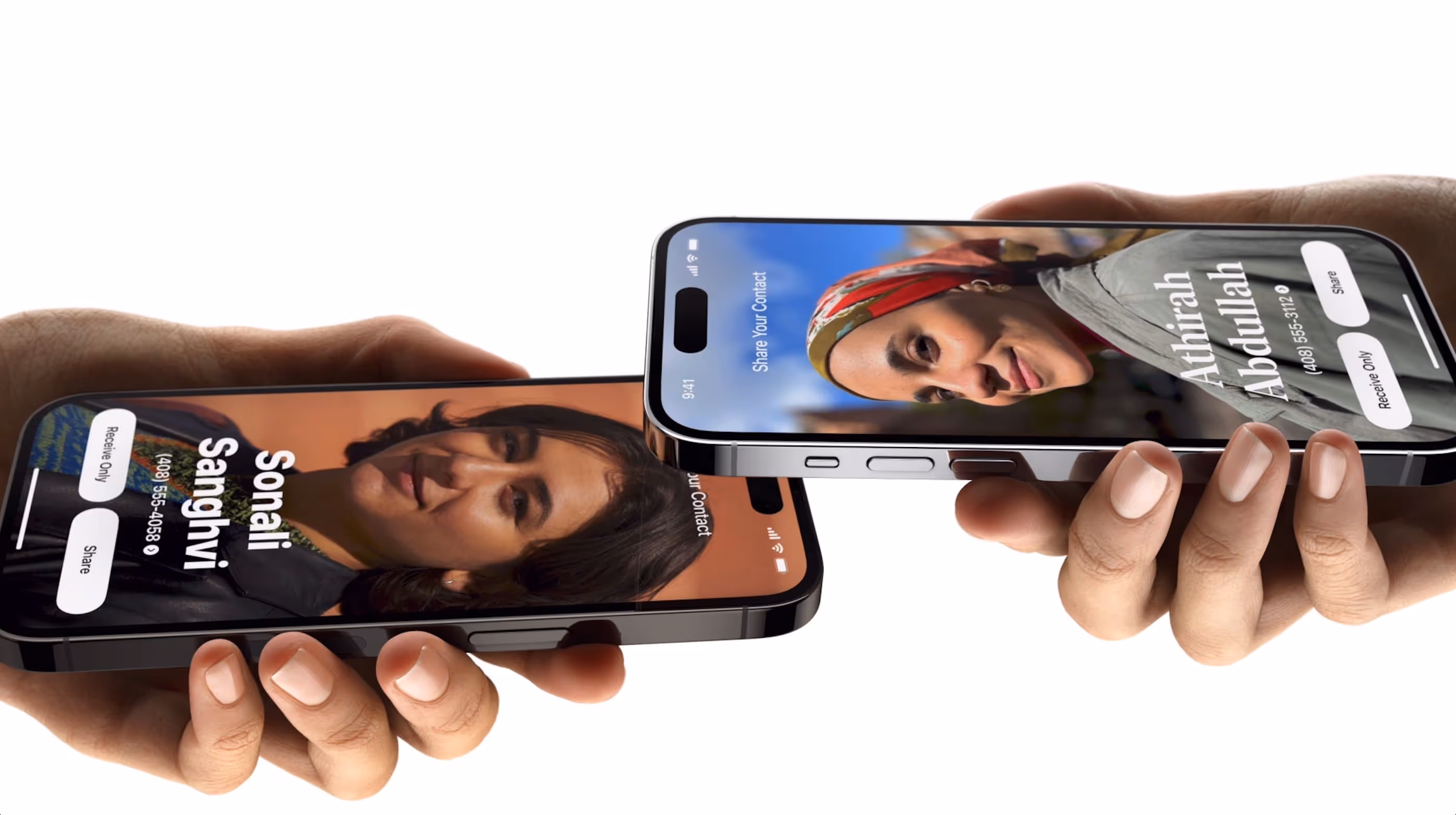 Two hands each hold a smartphone displaying a contact-sharing interface. The left phone shows "Sonali Sanghvi," and the right phone shows "Adhirah Abdullah." Both screens have a "Share" button, suggesting an exchange of contact information.