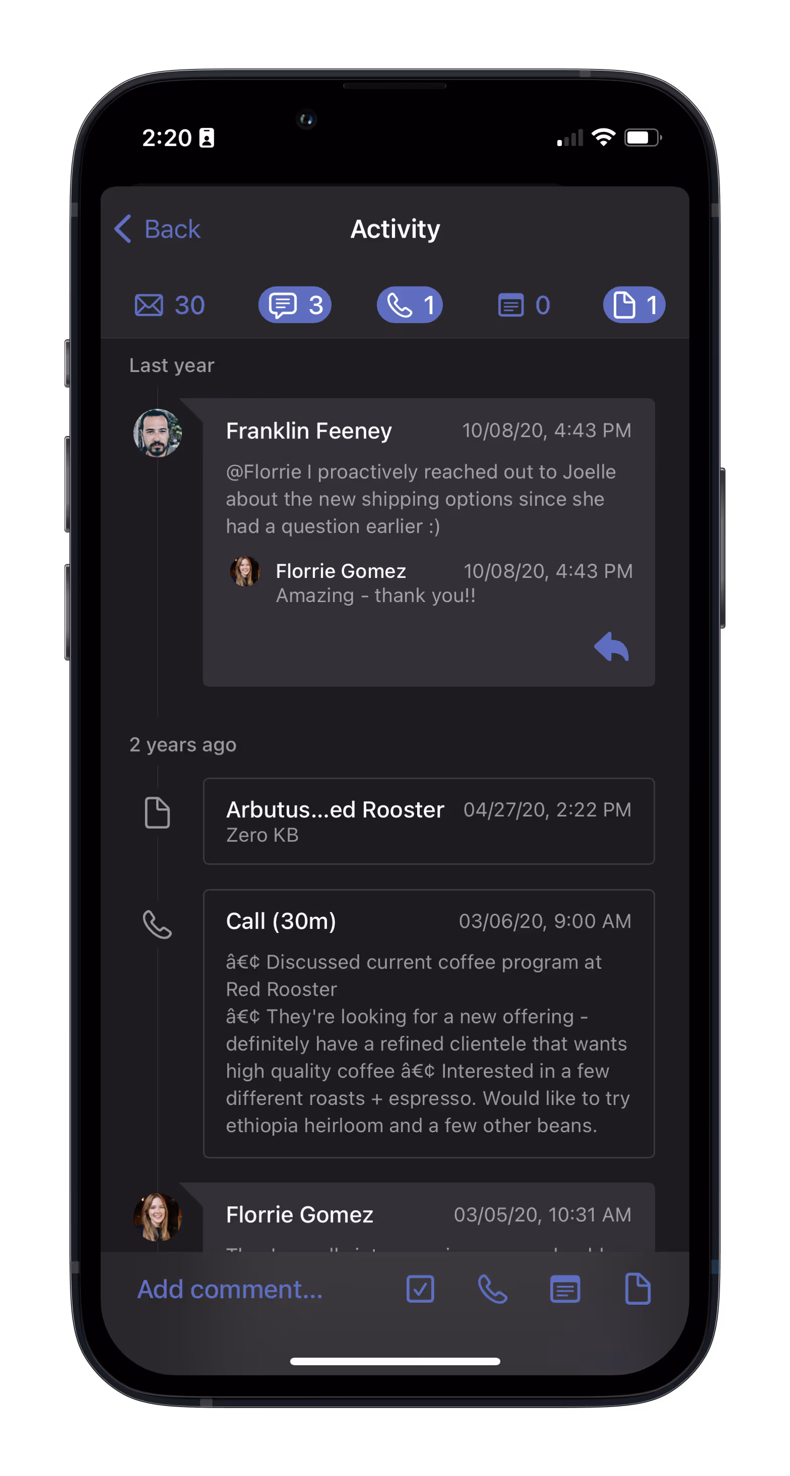 Filtered recent activity view in a box on mobile