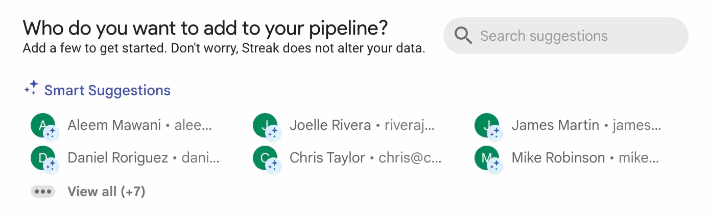 a screenshot of Streak's Smart Suggestions with a list of contacts to add to your pipeline