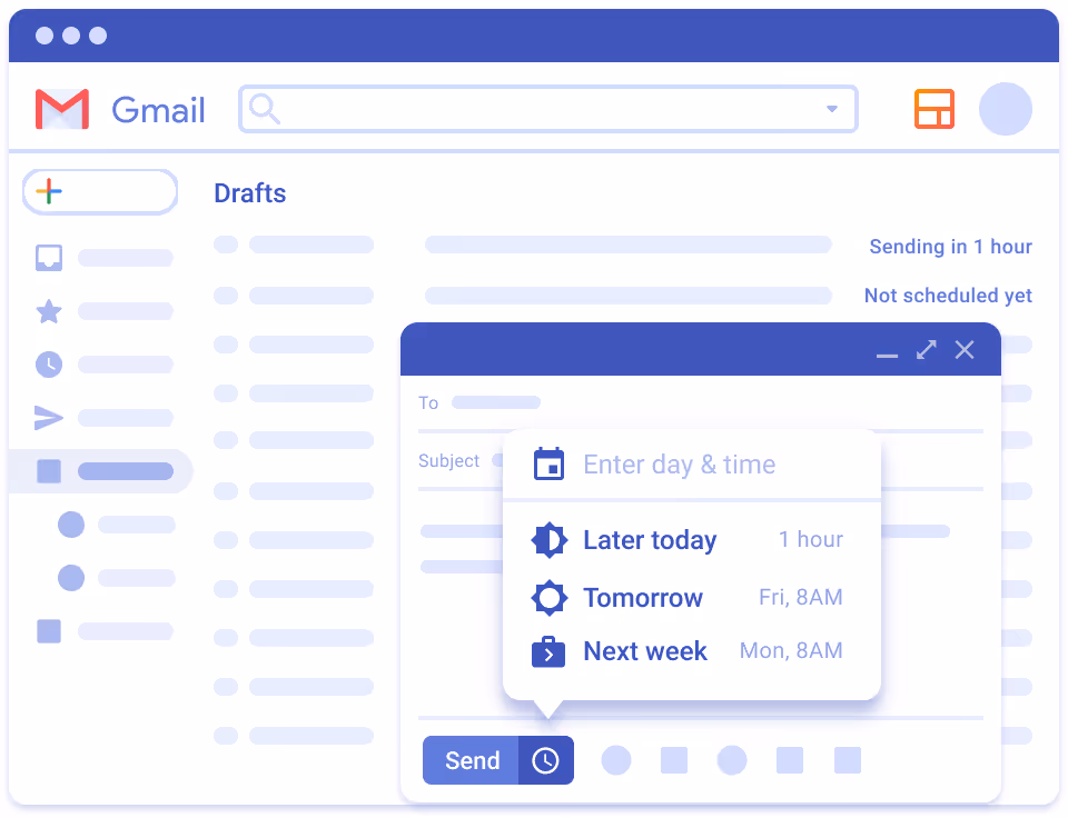 Illustration of an email draft in Gmail with "send later" options to schedule the email send.