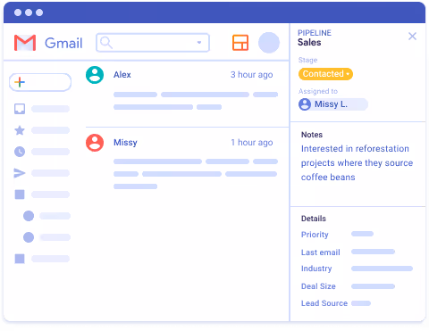 illustration of an email thread in Gmail with Streak sidebar on the right side. The sidebar shows information about a sales deal