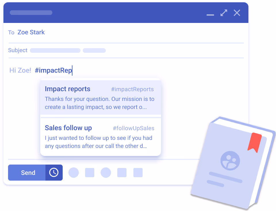 Illustration of an email draft. A snippet is being inserted, the snippet menu is visible.