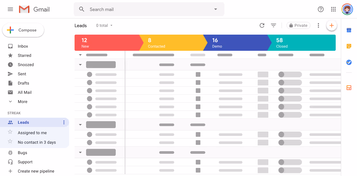 low-fidelity image of a Streak pipeline in a Gmail window