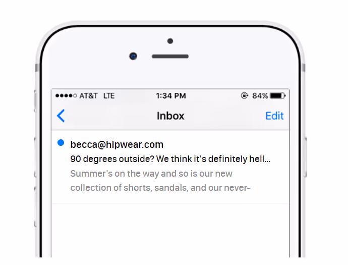 A screenshot of the translated template for the sender name, email subject line, and pre-header text on an iPhone screen