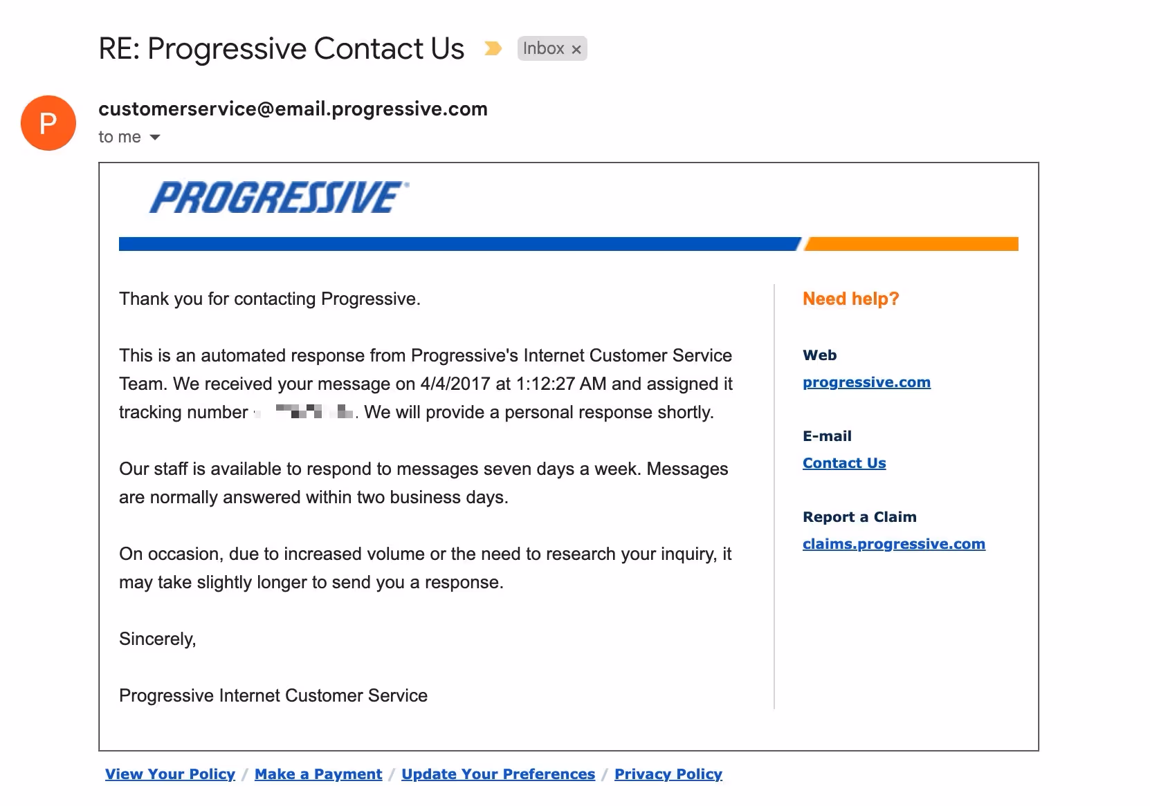 Screenshot of an email from Progressive's Internet Customer Service. The email, an automated response, thanks the recipient for contacting Progressive and notes that the message was received on 4/4/2017 at 12:12:27 AM and assigned a tracking number. Links to web, email, and phone contact options are included.