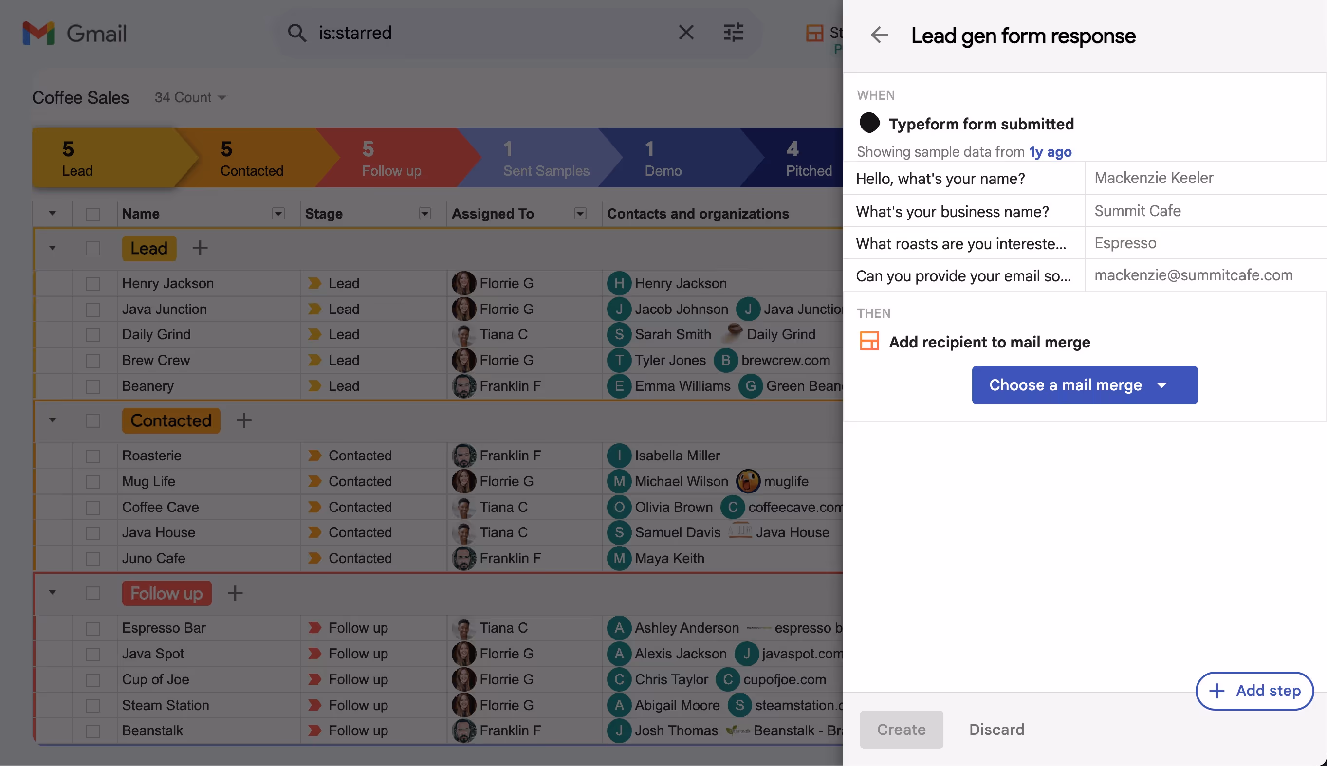 A screenshot shows Gmail with an open email draft titled "Lead gen form response." On the left is a table from a CRM tool, displaying columns labeled "Lead," "Name," "Stage," "Assigned To," and "Contacts and organizations." On the right, the draft includes details of a lead form response.