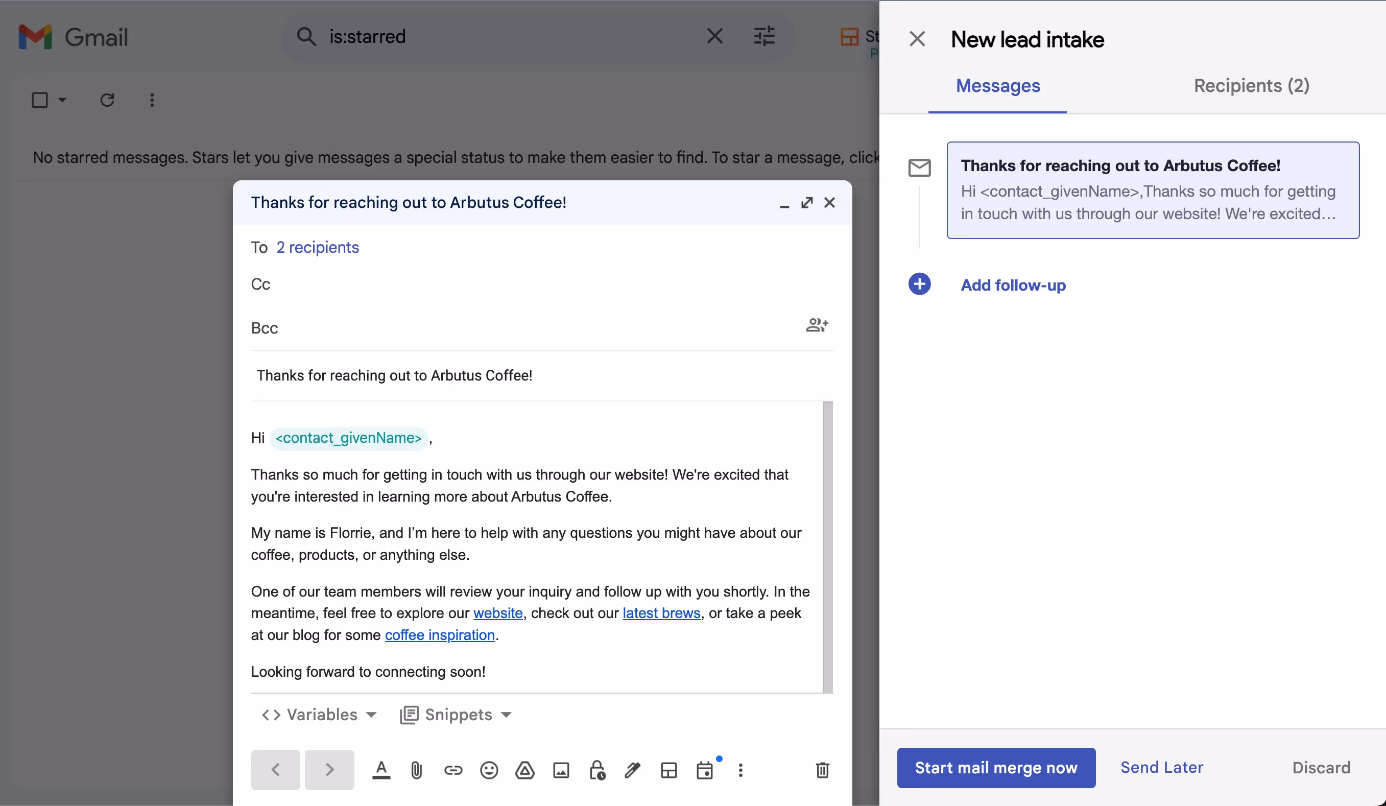 A screenshot showing a Gmail draft on the left with a thank-you email for reaching out to Arbutus Coffee. On the right, there is a "New lead intake" message in a sidebar with options to add a follow-up and start a mail merge.