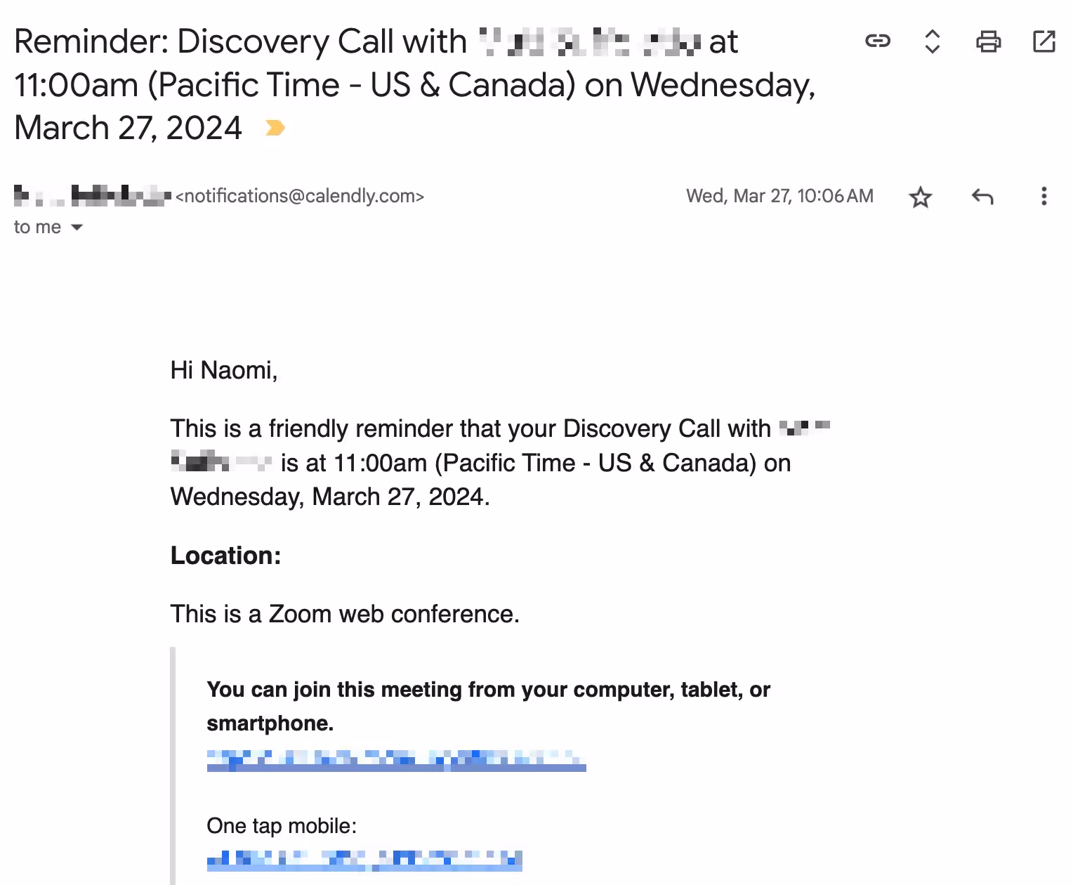 Here's your updated description: An email reminder for a Discovery Call scheduled at 11:00 AM (Pacific Time - US & Canada) on Wednesday, March 27, 2024. The email includes details about the Zoom web conference and instructions for joining from a computer, tablet, or mobile. You can also automate email responses for efficiency.