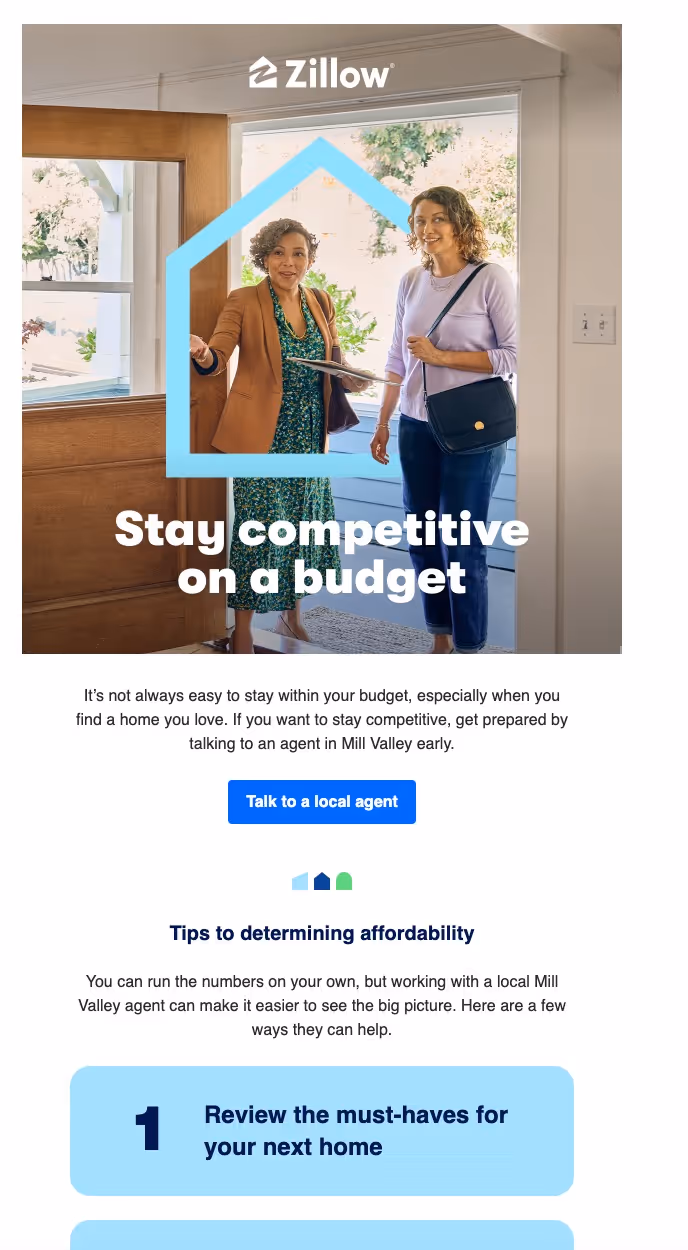 Image of a Zillow advertisement featuring two women standing inside a home. One woman is gesturing towards the interior while holding a clipboard. The text reads: "Stay competitive on a budget with tips for affordability." A button below says, "Talk to a local agent and automate email response.”
