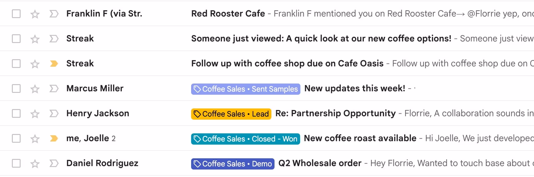 A screenshot of an email inbox showing various emails with different colored tags. Emails are from Franklin F, Streak, Marcus Miller, Henry Jackson, me, Joelle 2, and Daniel Rodriguez. Tags include Coffee Sales - Sent Samples, Coffee Sales - Lead, Coffee Sales - Closed - Won, and Coffee Sales - Demo. It's a perfect example of how to clean up Gmail efficiently.
