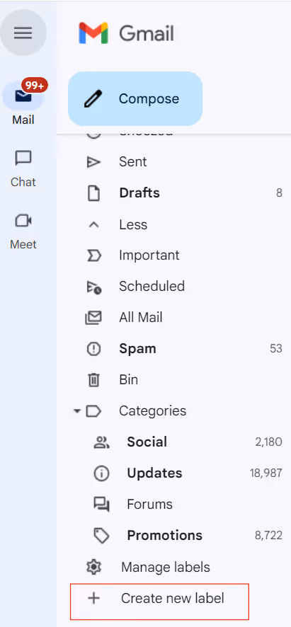 Gmail sidebar menu