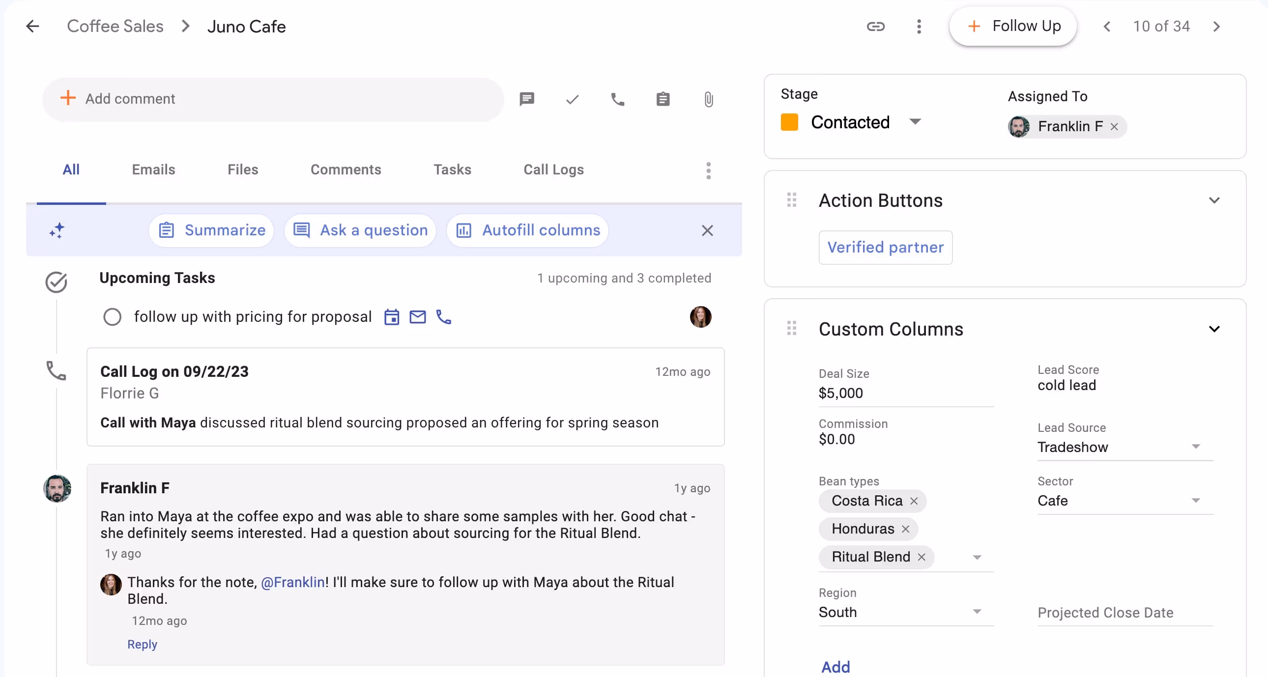 A screenshot of a information and interaction history for a lead being tracked in Streak CRM in Gmail