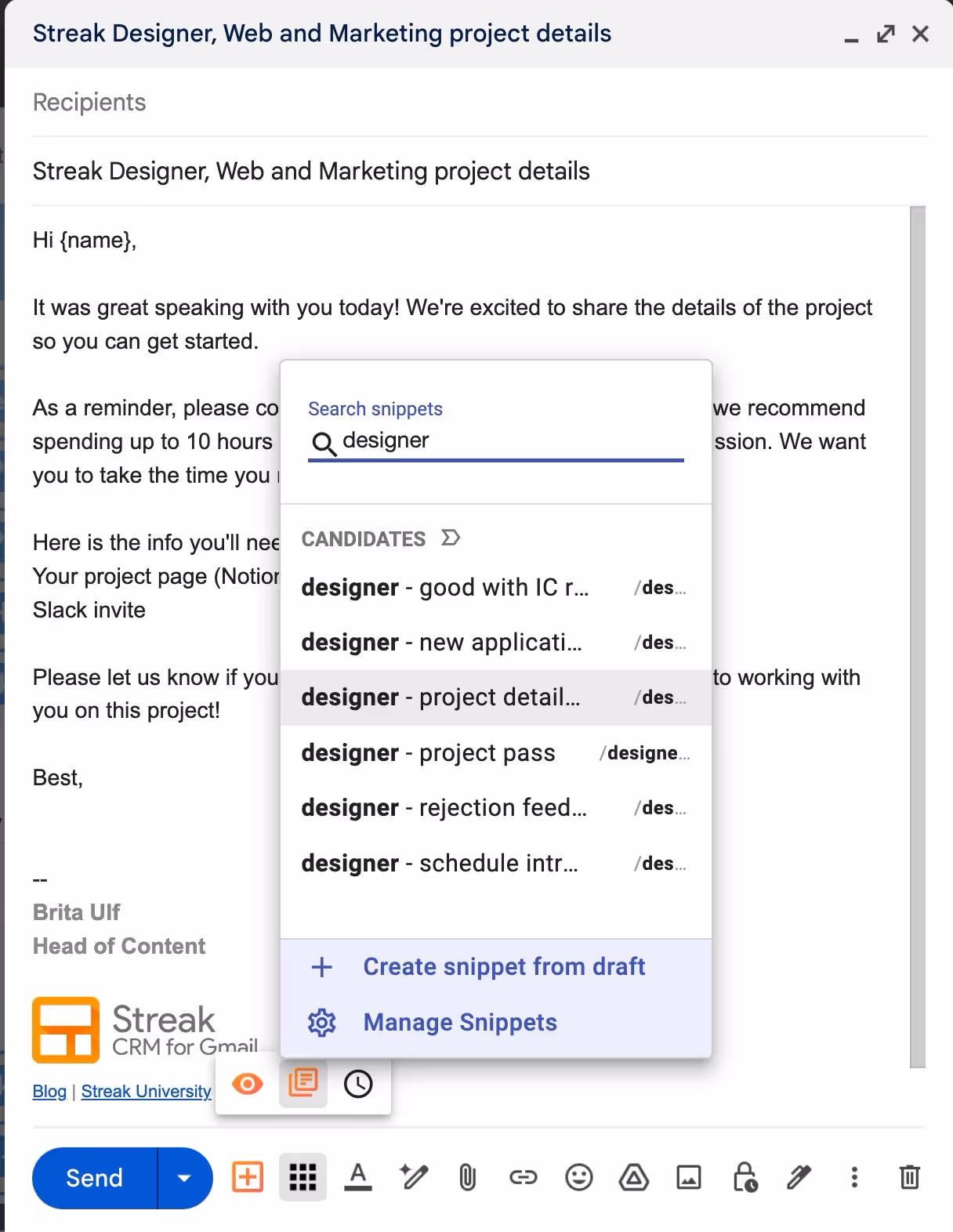  Screenshot of an email draft in Gmail. The email mentions sharing project details and includes a reminder about response time. There's a dropdown menu labeled "CANDIDATES" with template options for designers, such as project rejection and acceptance.
