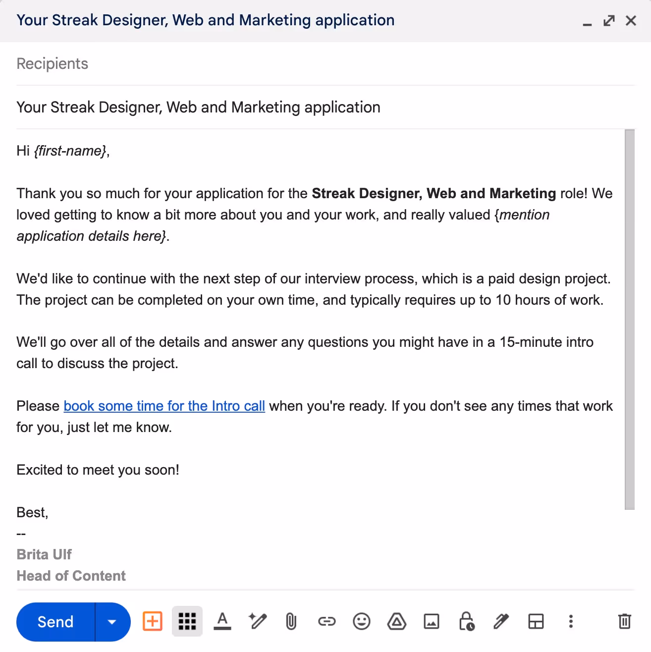 An email screenshot regarding a Streak Designer, Web and Marketing job application. It includes a warm thanks for applying, interview process details, and a link to schedule an intro call. The sender is Brita Ulf, Head of Content.