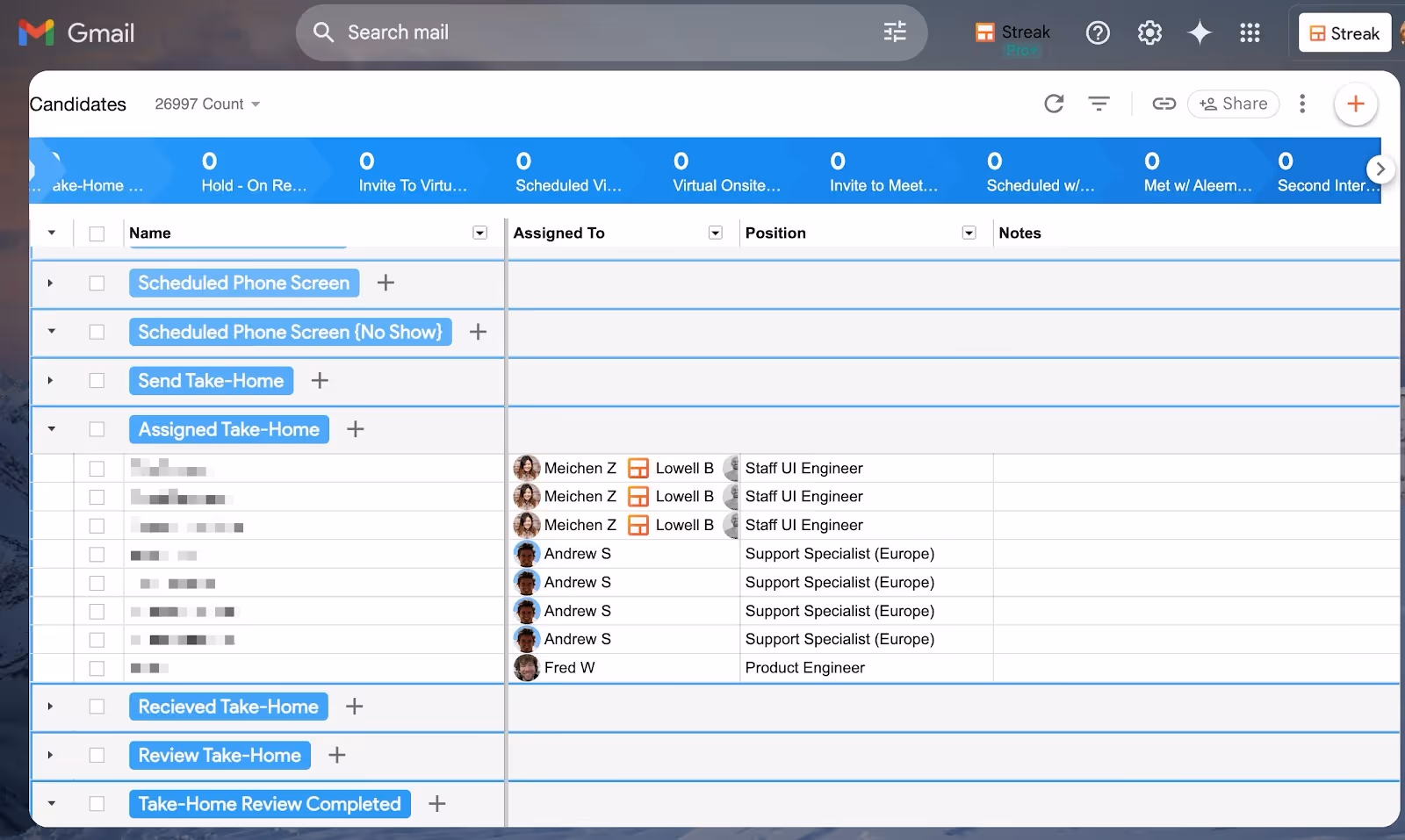 Screenshot of a Gmail inbox with a Streak CRM pipeline for candidate management. It displays a list of candidate names, their assigned tasks, positions, and notes, with color-coded status indicators for different recruitment stages.
