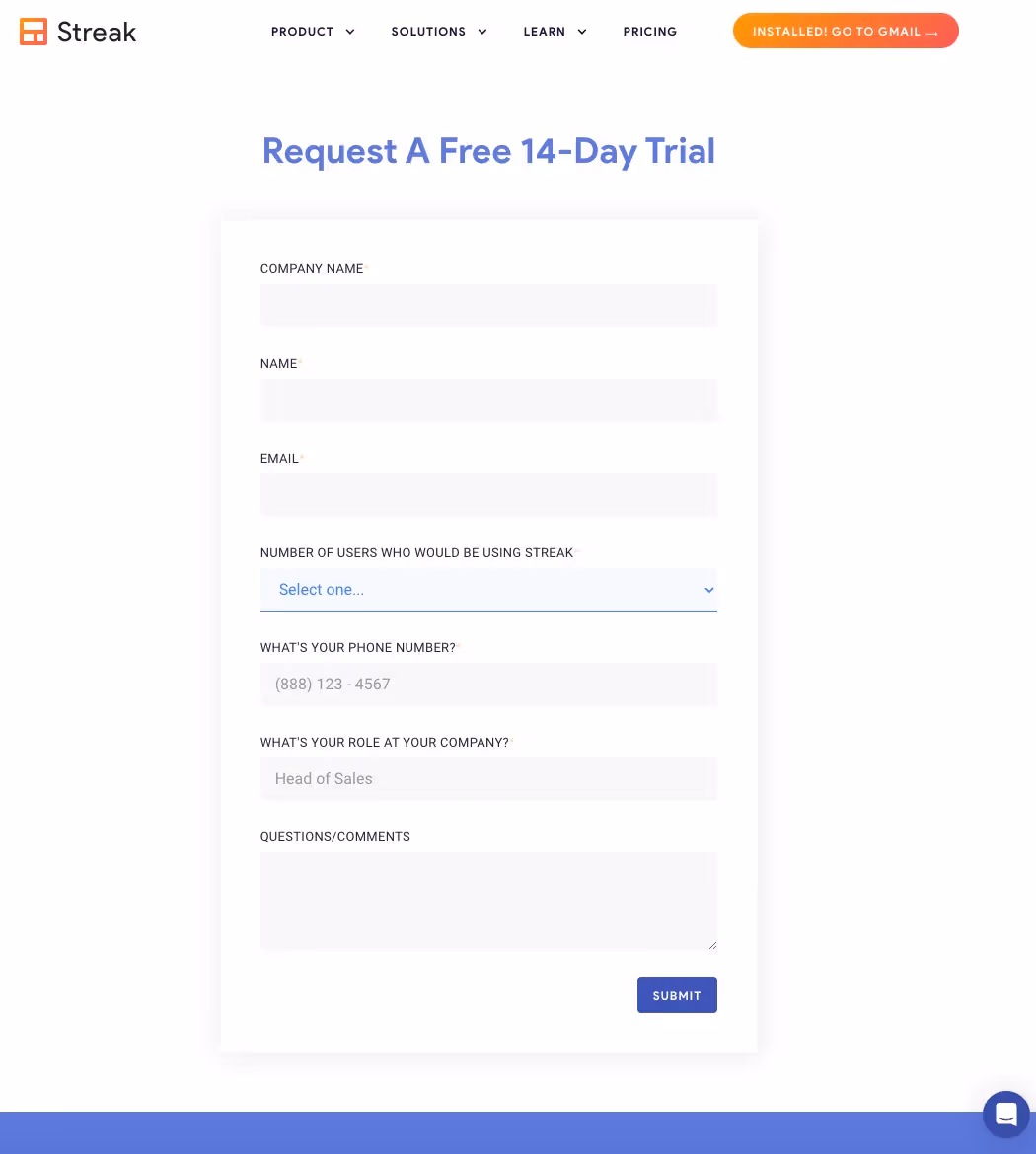 A lead generation form titled "Request A Free 14-Day Trial" is featured on the Streak website. It includes fields for company name, email, number of users, phone number, role at company, and questions/comments. At the bottom of the form sits a prominent "Submit" button.