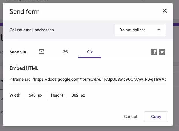 A pop-up window titled "Send form" is displayed, offering options to distribute a Google Form. This lead generation form features tabs like "Send via" email, link, and embed HTML. The embed code with dimensions (Width: 640 px, Height: 382 px) is shown alongside a handy "Copy" button.