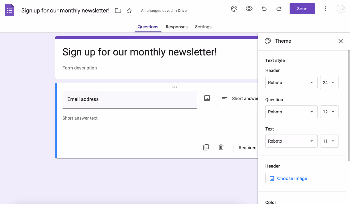 A lead generation form designed as a digital newsletter sign-up offers fields for an email address. The screen displays settings to customize the form's theme, text style, and header image, all wrapped in a sleek purple and white color scheme.