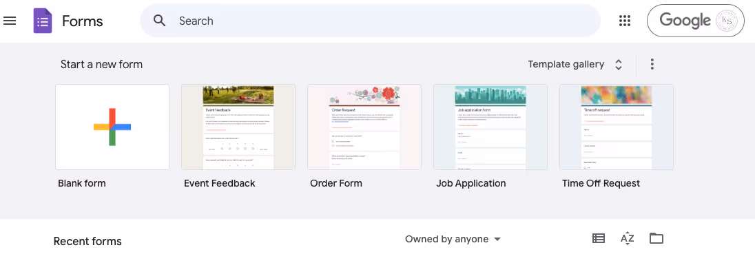 Screenshot of a Google Forms dashboard, featuring options to create forms like Blank Form, Event Feedback, Order Form, Job Application, and Time Off Request. The interface includes a Template gallery and search bar for efficient navigation. Create your ideal lead generation form with ease.