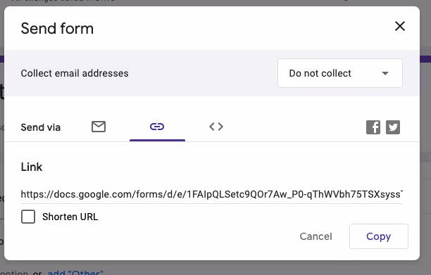 A Google Forms sharing window presents a link to a lead generation form. Options to send via email, direct link, or social media are visible. The "Shorten URL" checkbox is checked, accompanied by a button to copy the link effortlessly.