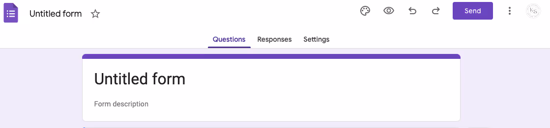 A screenshot captures a Google Forms interface with a blank lead generation form titled "Untitled form." It features sections like "Questions," "Responses," and "Settings." The form awaits input for its description, while the purple-highlighted "Send" button stands out, ready to engage users.