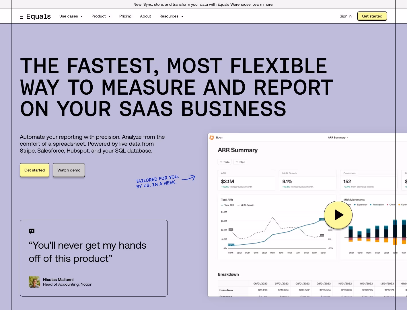 A webpage promoting Equals, highlighting its flexibility for SaaS business reporting. Features include automated data analysis, integrations with popular platforms, and an illustrated graph. A testimonial from a user is displayed at the bottom left.
