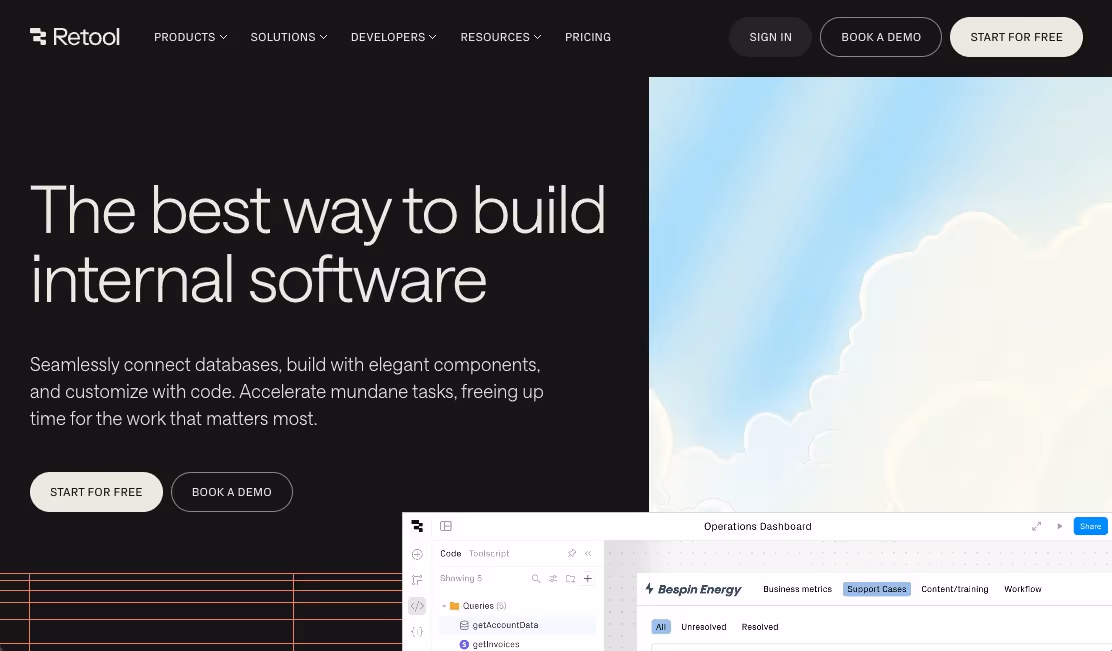 Screenshot of Retool's homepage. The left side features a header, "The best way to build internal software," with options to start for free or book a demo. The right side shows a section of an operations dashboard with a code editor and log data.