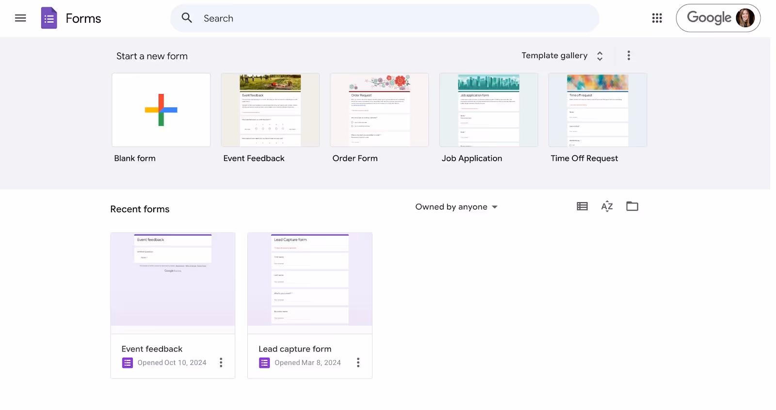 Google Forms dashboard displaying options to create new forms like Blank form, Event Feedback, and Order Form. Recent forms shown below include Event feedback and Lead capture form, with details like last opened date.
