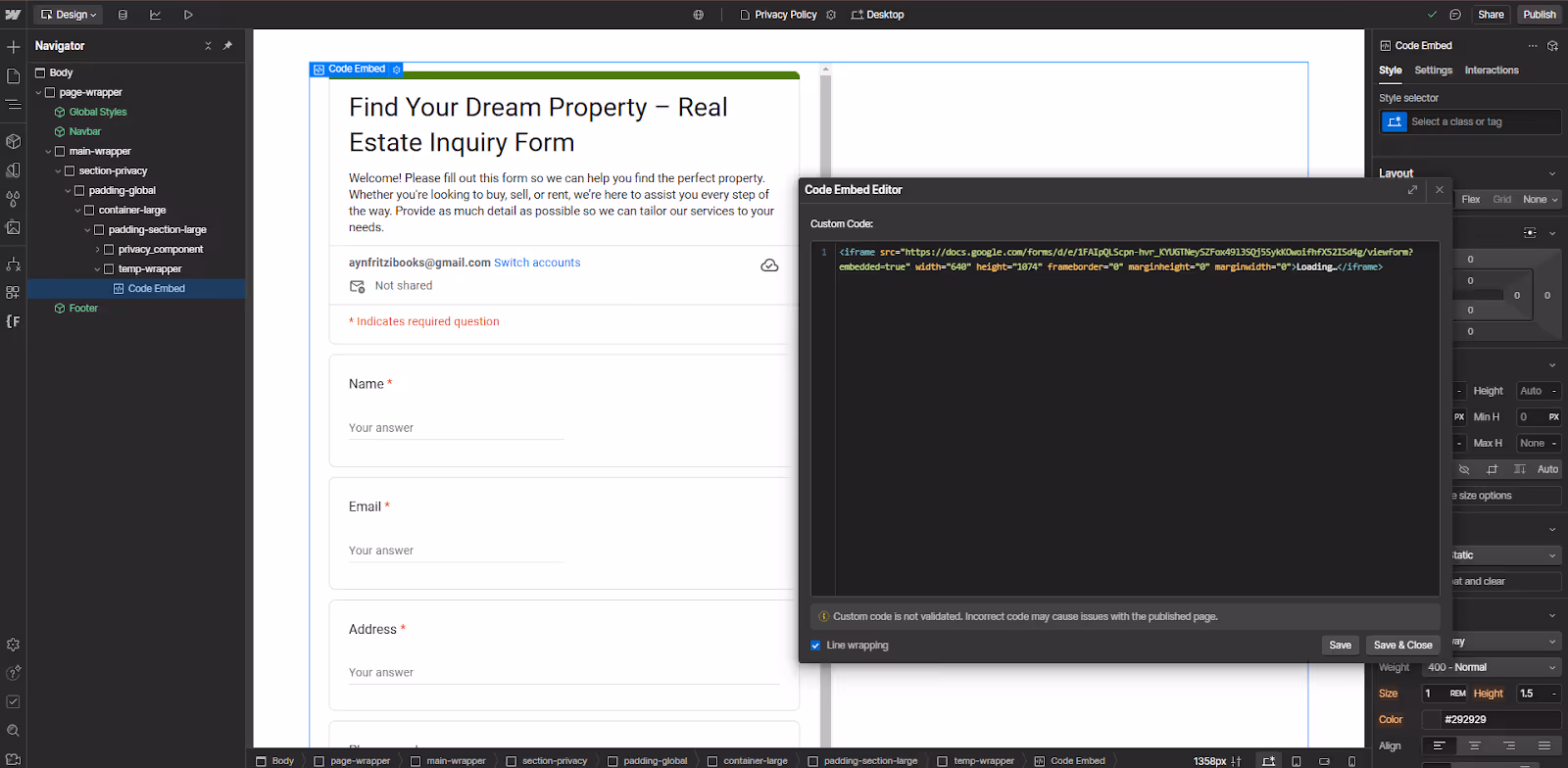 A real estate inquiry form on a web page, titled "Find Your Dream Property." Fields for name, email, and address are visible. A code editor with HTML is open on the right side of the screen showing how to embed a Google Form on a website.