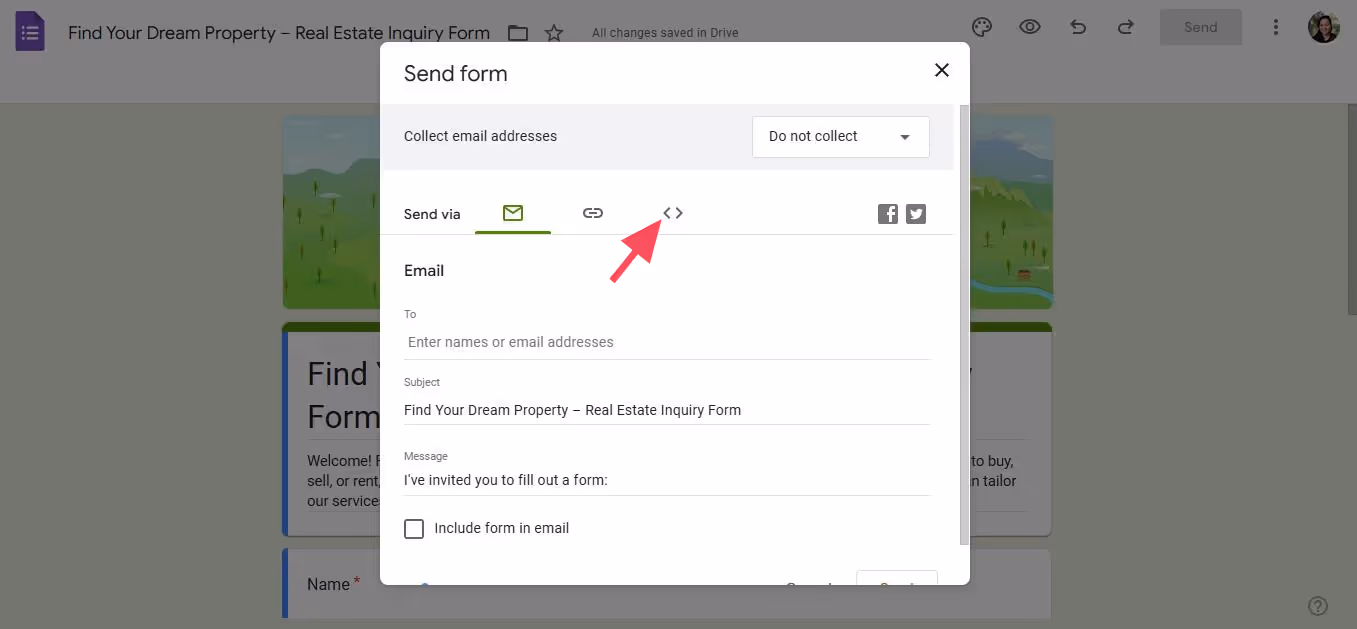 A screenshot of a form sharing window for "Find Your Dream Property - Real Estate Inquiry Form." Visible options include sending via email, link, or embed code. A red arrow points to the embed HTML code icon.