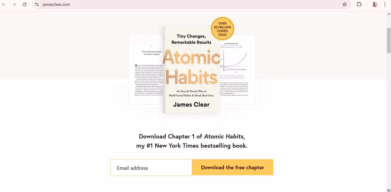 Screenshot of a webpage featuring the book "Atomic Habits" by James Clear, highlighting "Tiny Changes, Remarkable Results." There's an option to download the first chapter by entering an email address.