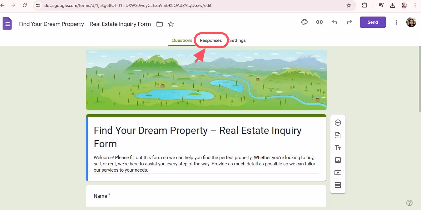 Screenshot of a Google Form titled "Find Your Dream Property – Real Estate Inquiry Form." The form includes a description and is in editing mode, with the "Responses" tab highlighted by a red arrow.