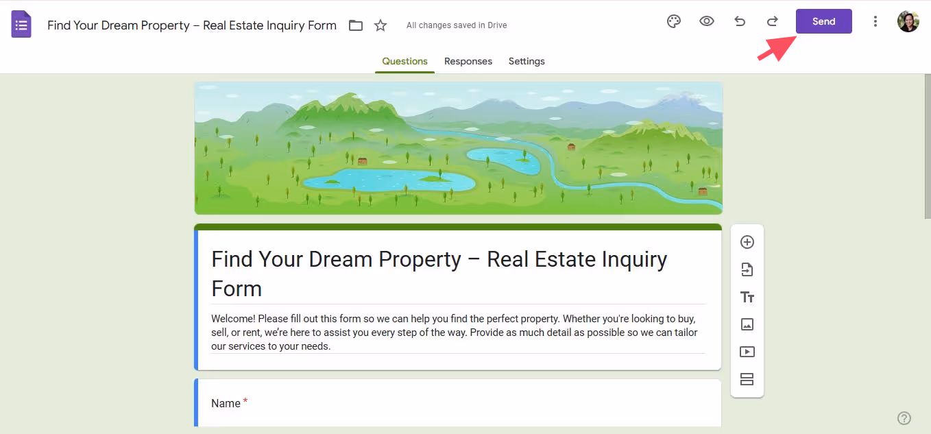 Screenshot of a Google Form titled "Find Your Dream Property – Real Estate Inquiry Form" with a green landscape header. The form includes a welcome message and a question field for the user's name. A red arrow points to the "Send" button.
