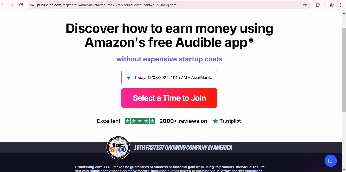 Screenshot of a web page promoting a method to earn money using Amazon's Audible app. It features a headline, a sign-up button for a webinar scheduled on 12/08/2024, and endorsements from Trustpilot.